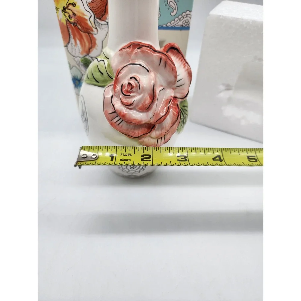 Fitz and Floyd Paisley Park Bud Vase 3D Pink Rose White Ceramic Floral 6 inch